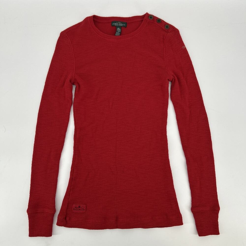 Vintage Y2K Ralph Lauren LRL Top Womens XS Red Ribbed Knit Thermal Buttons